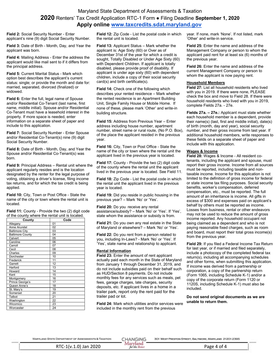 Form RTC-1 Renters Tax Credit Application - Maryland, Page 4