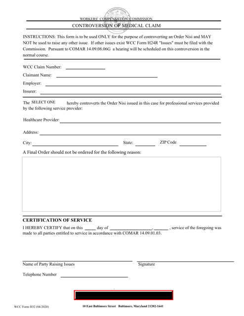 WCC Form H32  Printable Pdf