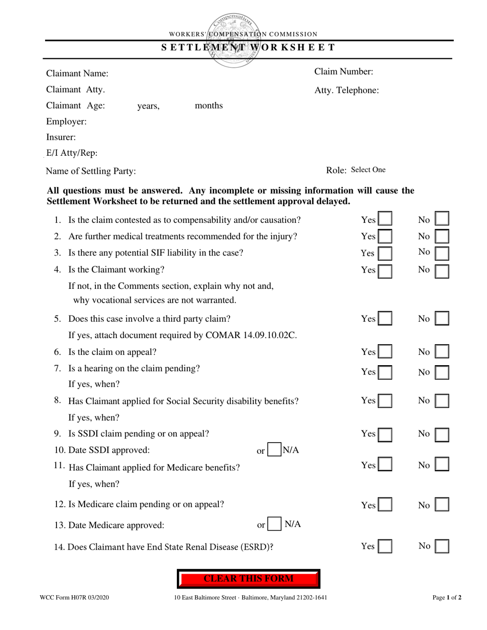 WCC Form H07R Settlement Worksheet - Maryland, Page 1