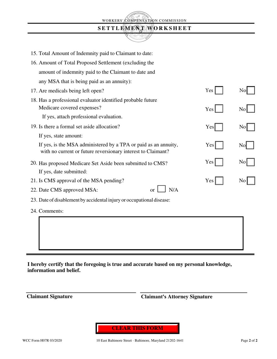 WCC Form H07R Settlement Worksheet - Maryland, Page 2