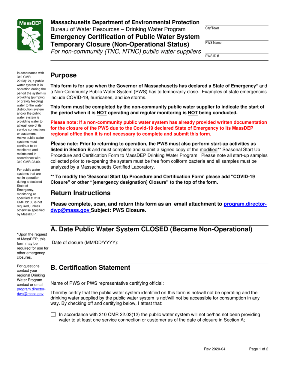 Emergency Certification of Public Water System Temporary Closure (Non-operational Status) - for Non-community (Tnc / Ntnc) Public Water Suppliers - Massachusetts, Page 1