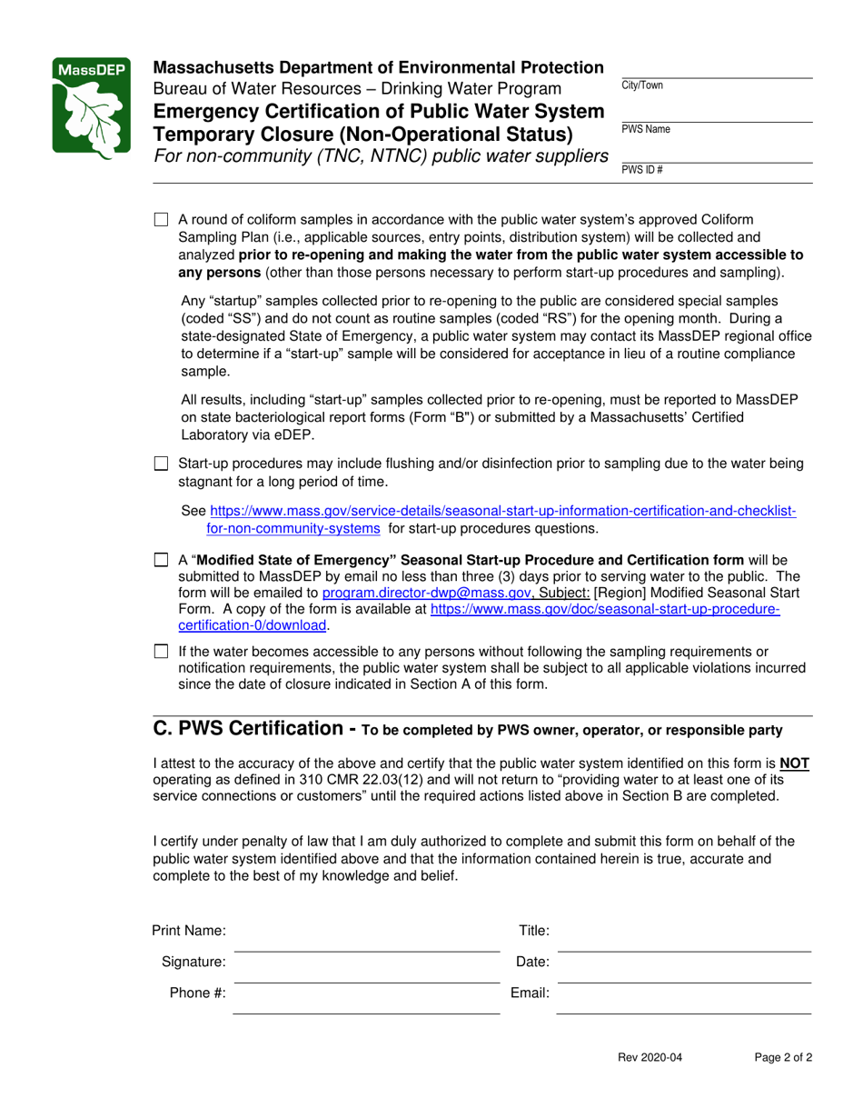 Emergency Certification of Public Water System Temporary Closure (Non-operational Status) - for Non-community (Tnc / Ntnc) Public Water Suppliers - Massachusetts, Page 2