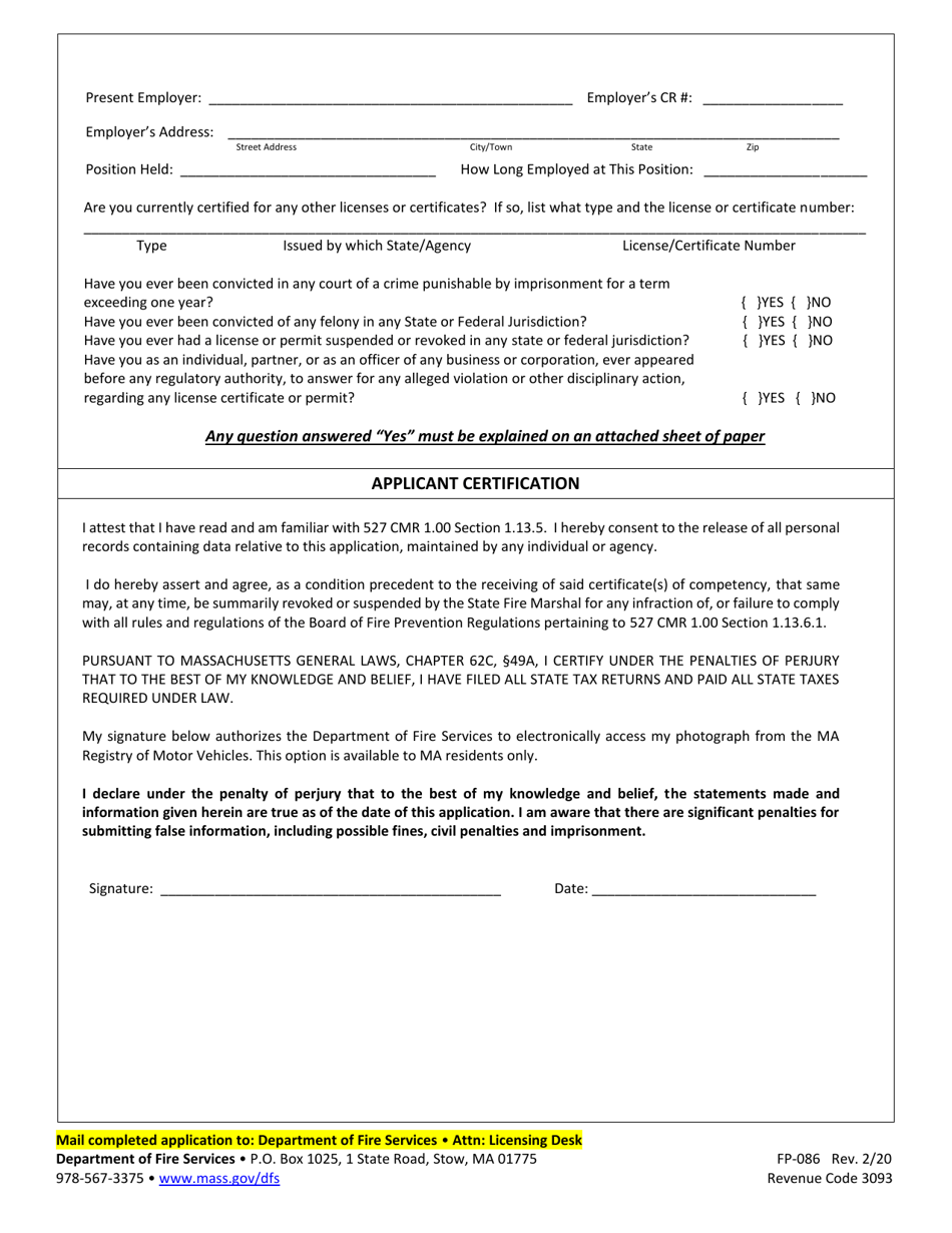 Form FP-086 Application for New Certificate of Competency for Servicing Portable Fire Extinguishers and / or Fixed Fire Extinguishing Systems - Massachusetts, Page 2