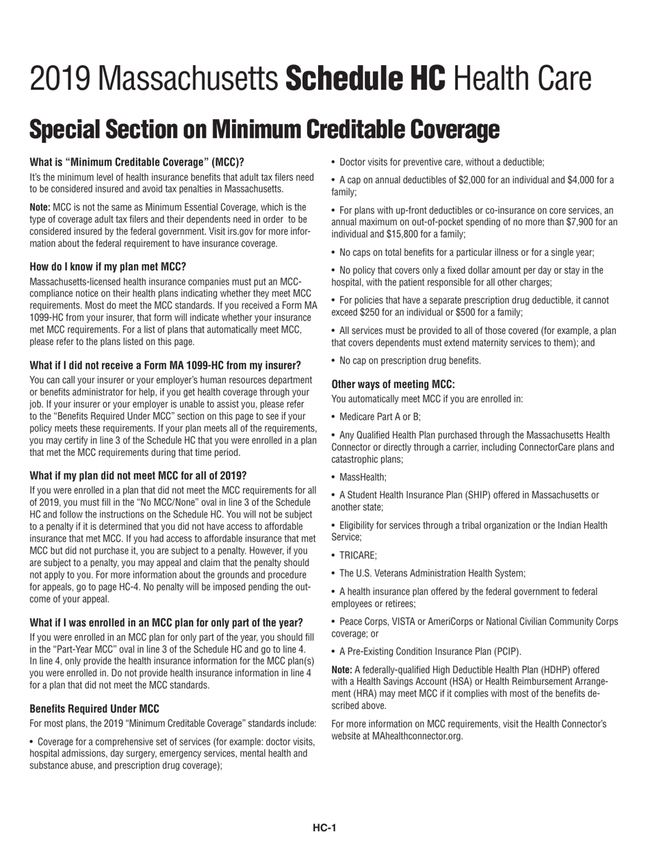 Instructions for Schedule HC Health Care Information - Massachusetts, Page 1