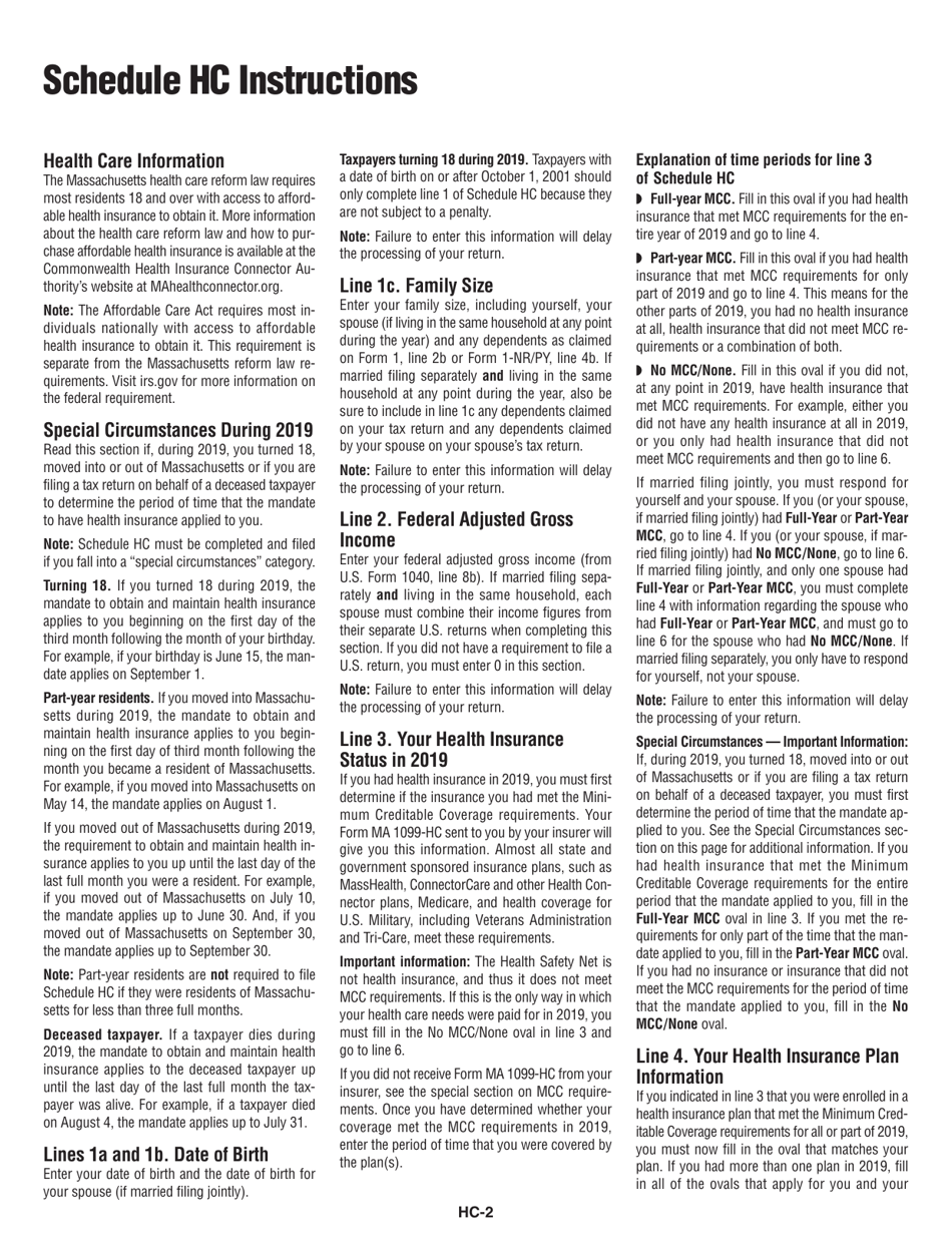 Instructions for Schedule HC Health Care Information - Massachusetts, Page 2