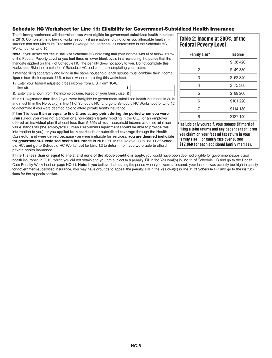 Instructions for Schedule HC Health Care Information - Massachusetts, Page 8