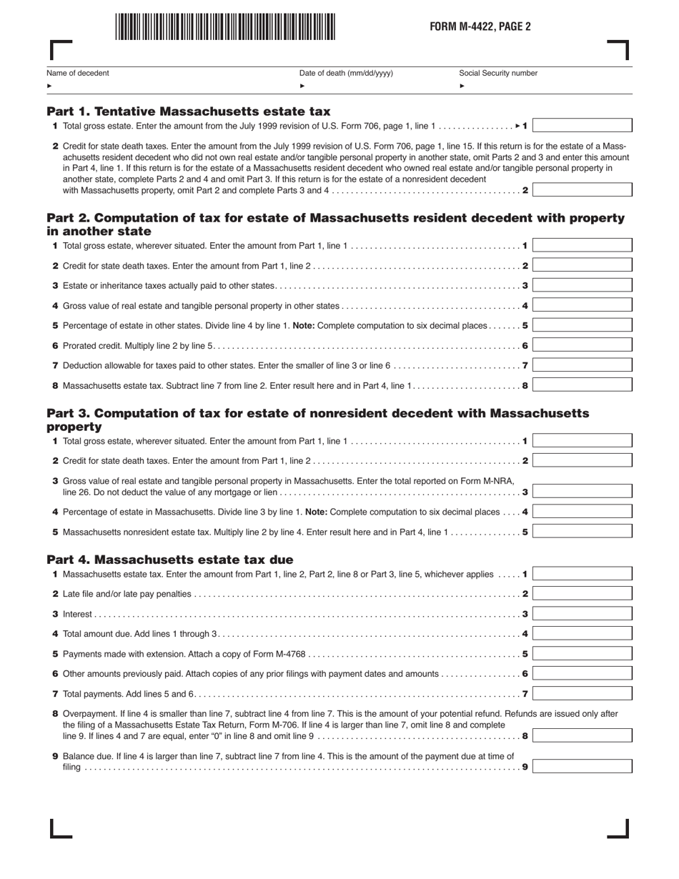 Form M-4422 Application for Certificate Releasing Massachusetts Estate Tax Lien - Massachusetts, Page 2