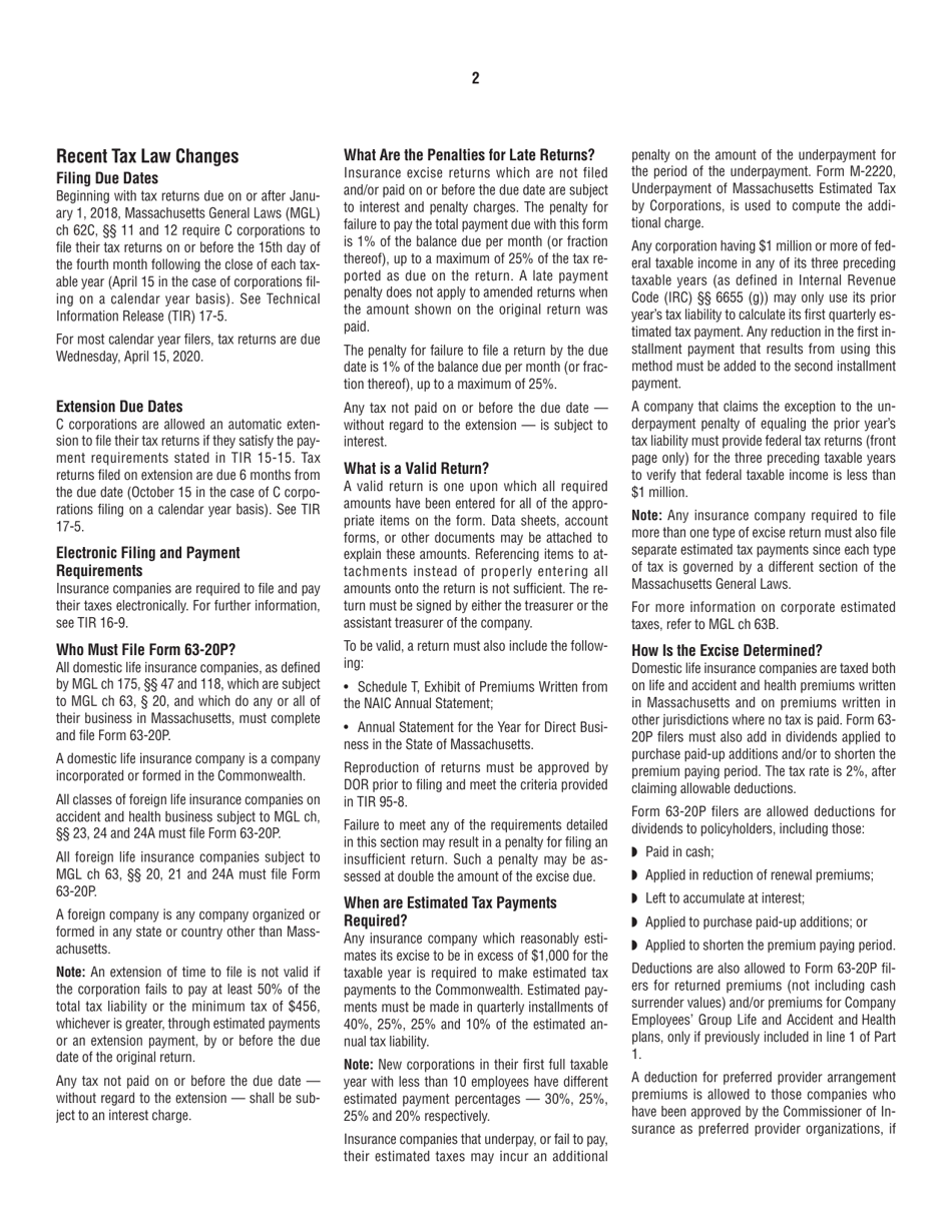 Instructions for Form 63-20P Premium Excise Return for Life Insurance Companies - Massachusetts, Page 2