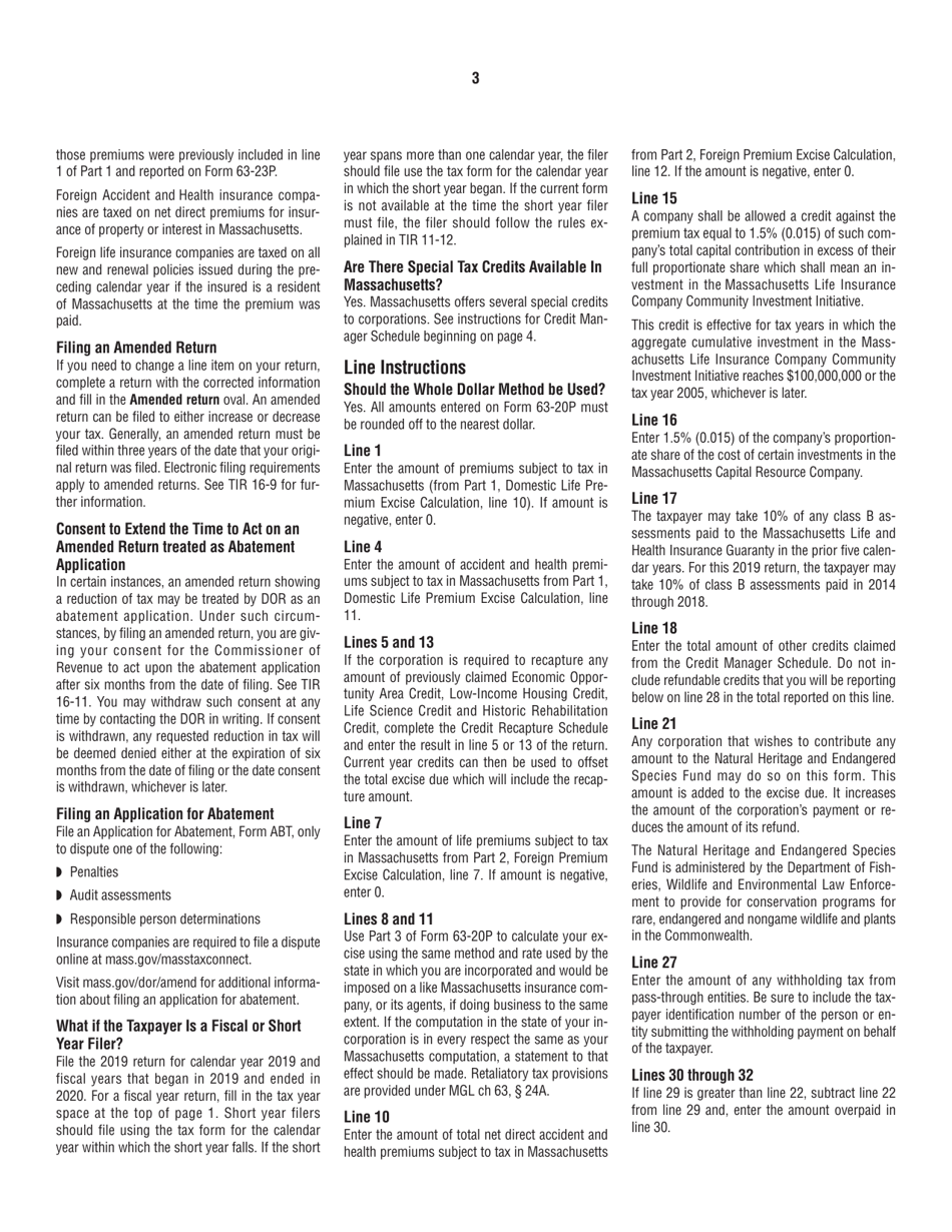Instructions for Form 63-20P Premium Excise Return for Life Insurance Companies - Massachusetts, Page 3
