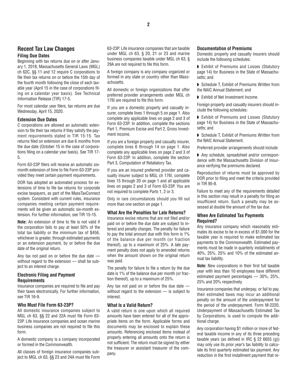 Instructions for Form 63-23P Premium Excise Return for Insurance Companies - Massachusetts, Page 2