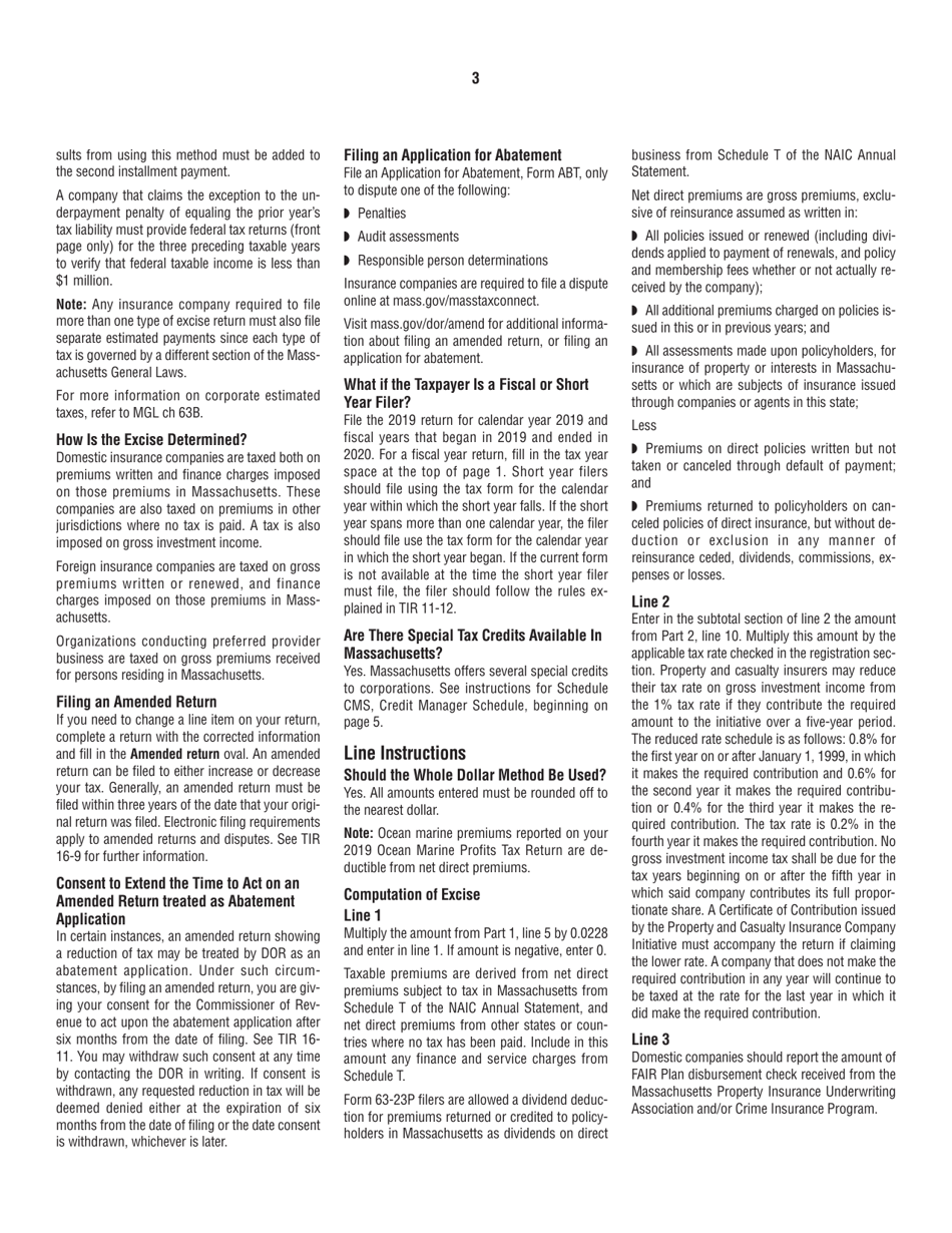 Instructions for Form 63-23P Premium Excise Return for Insurance Companies - Massachusetts, Page 3