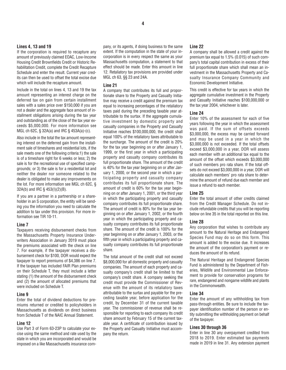 Instructions for Form 63-23P Premium Excise Return for Insurance Companies - Massachusetts, Page 4