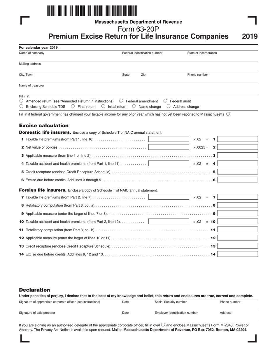 Form 63-20P Premium Excise Return for Life Insurance Companies - Massachusetts, Page 1