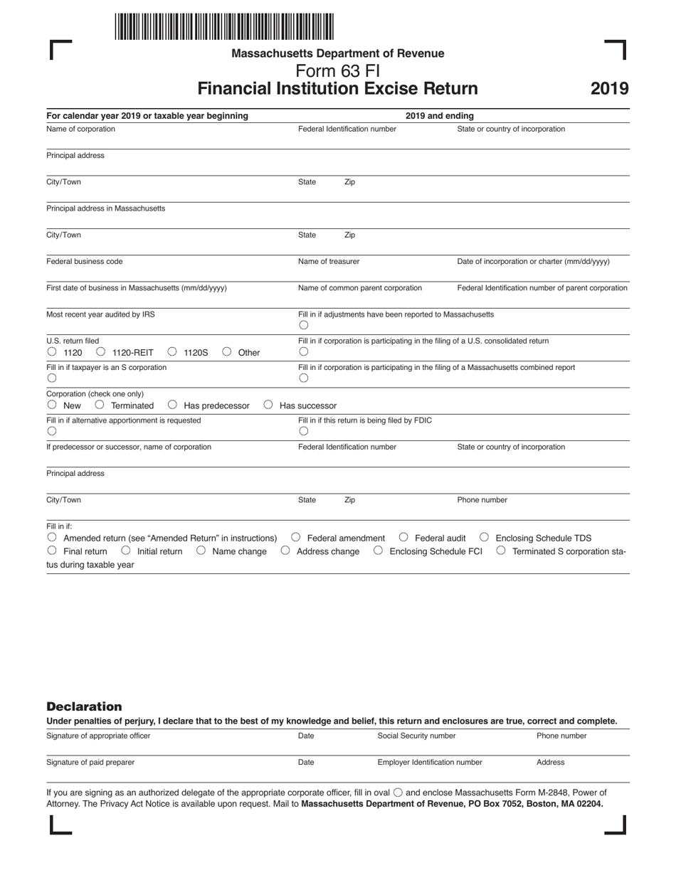 Form 63 FI Financial Institution Excise Return - Massachusetts, Page 1