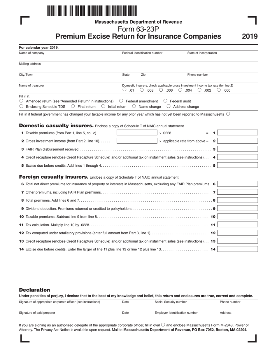 Form 63-23P Premium Excise Return for Insurance Companies - Massachusetts, Page 1