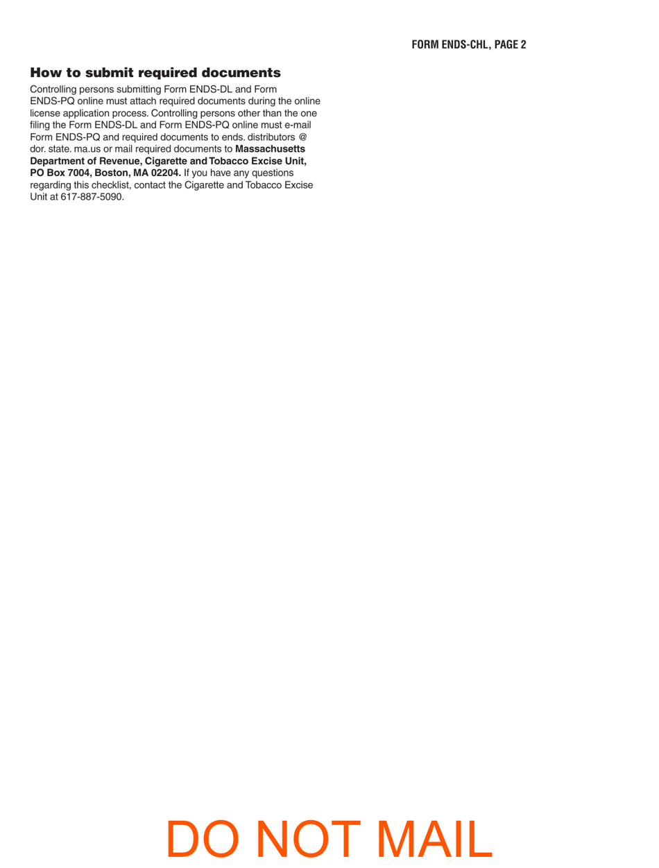 Form ENDS-CHL Checklist for Distributor License for Electronic Nicotine Delivery Systems - Massachusetts, Page 2