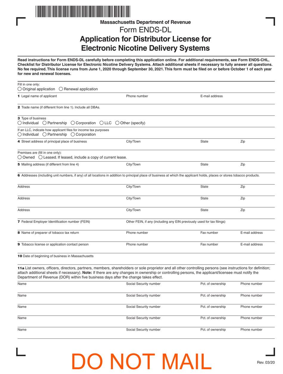 Form ENDS-DL Application for Distributor License for Electronic Nicotine Delivery Systems - Massachusetts, Page 1