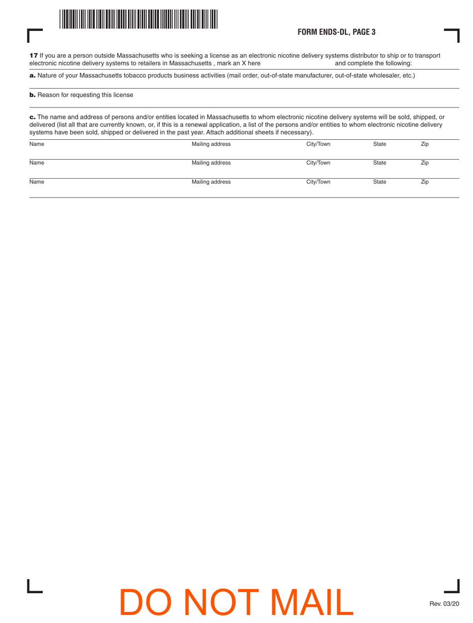 Form ENDS-DL Application for Distributor License for Electronic Nicotine Delivery Systems - Massachusetts, Page 3