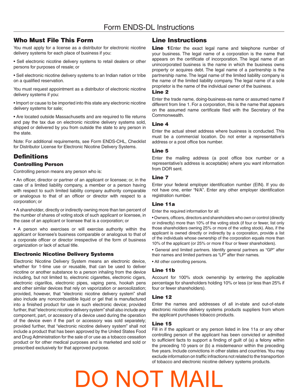 Form ENDS-DL Application for Distributor License for Electronic Nicotine Delivery Systems - Massachusetts, Page 5