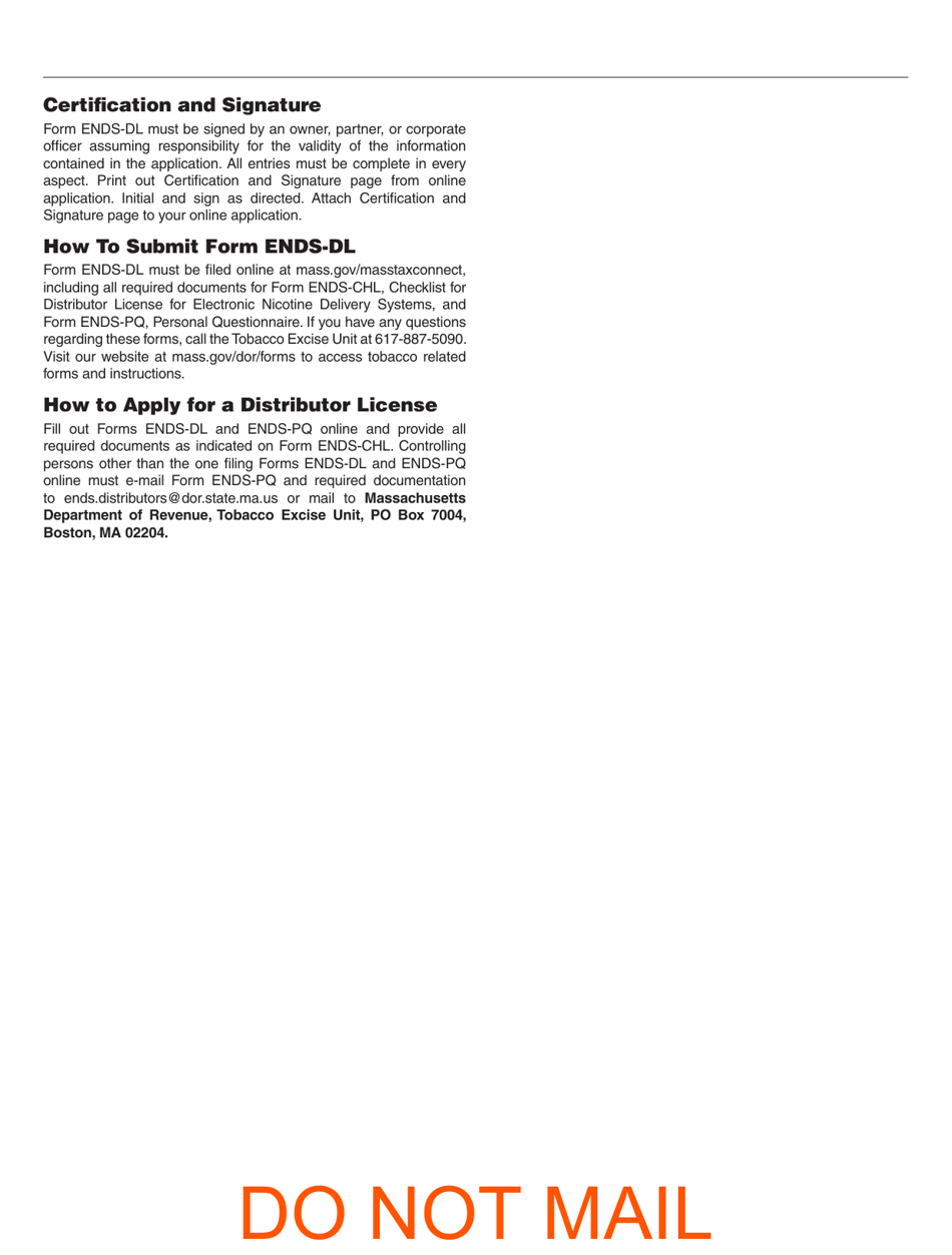 Form ENDS-DL Application for Distributor License for Electronic Nicotine Delivery Systems - Massachusetts, Page 6