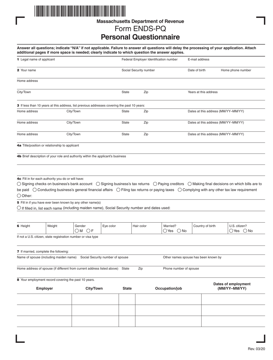 Form ENDS-PQ Personal Questionnaire - Massachusetts, Page 1