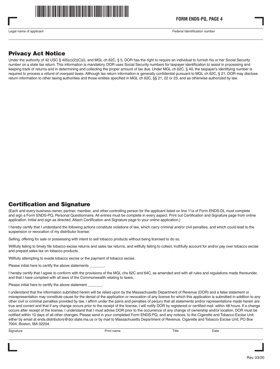 Form ENDS-PQ Personal Questionnaire - Massachusetts, Page 4