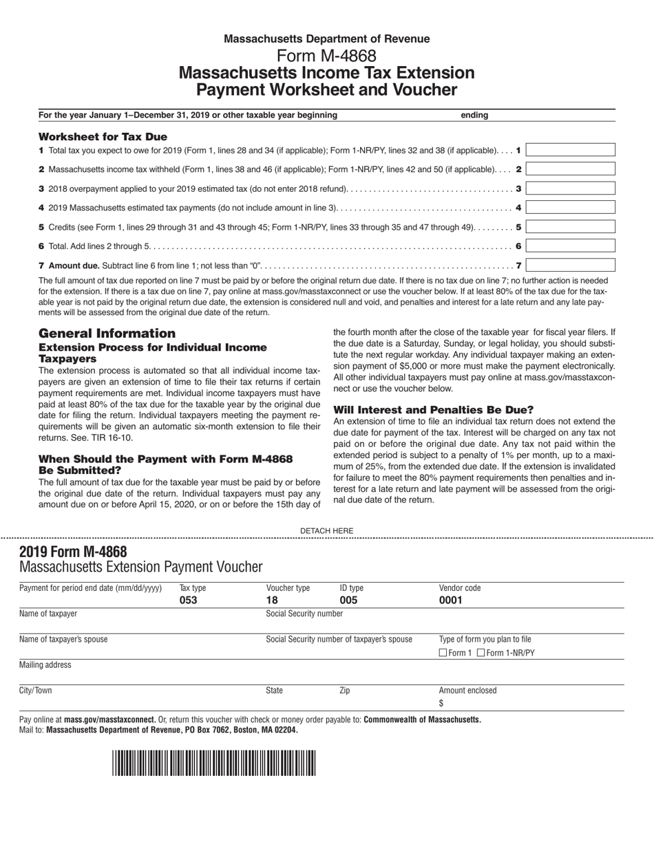 Form M-4868 Massachusetts Income Tax Extension Payment Worksheet and Voucher - Massachusetts, Page 1