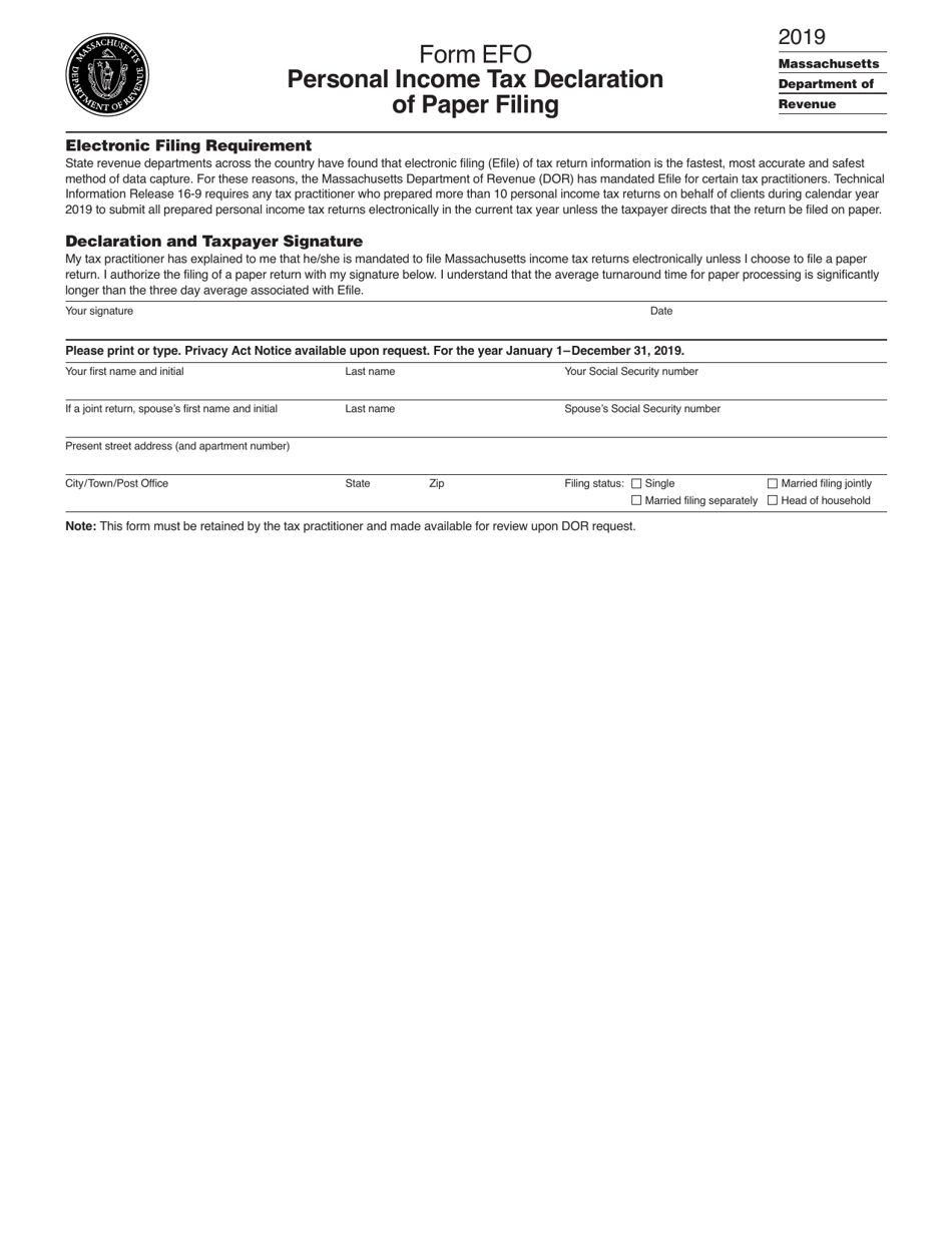 Form EFO Personal Income Tax Declaration of Paper Filing - Massachusetts, Page 1