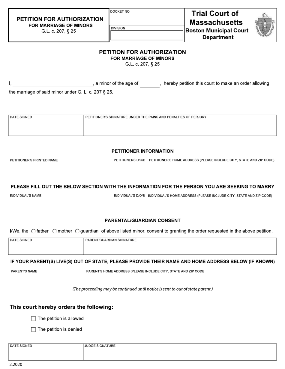 Petition for Authorization for Marriage of Minors - City of Boston, Massachusetts, Page 1