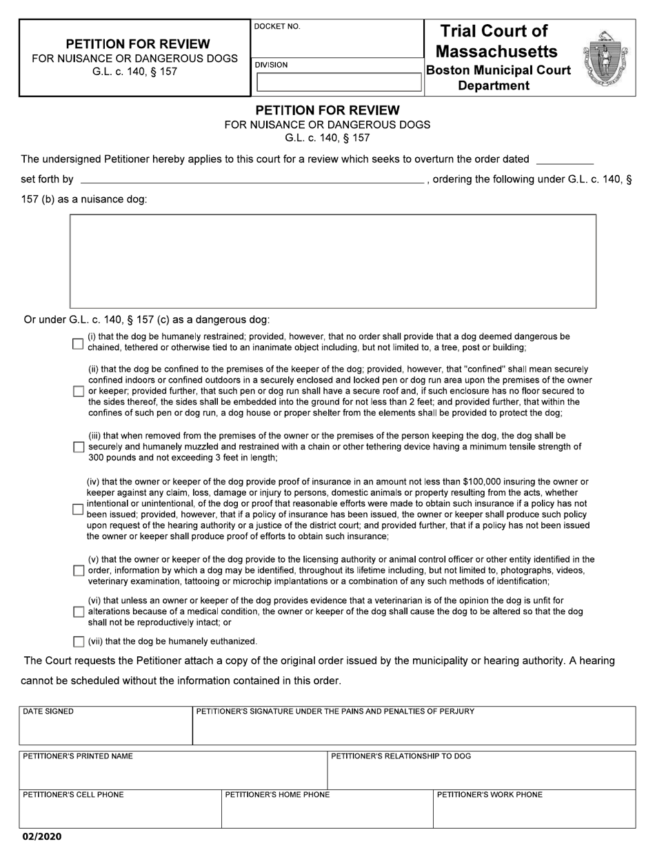 Petition for Review for Nuisance or Dangerous Dogs - City of Boston, Massachusetts, Page 1