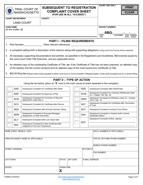 Form CSSBQ Subsequent to Registration Complaint Cover Sheet (For Use in All "s-Cases") - Massachusetts