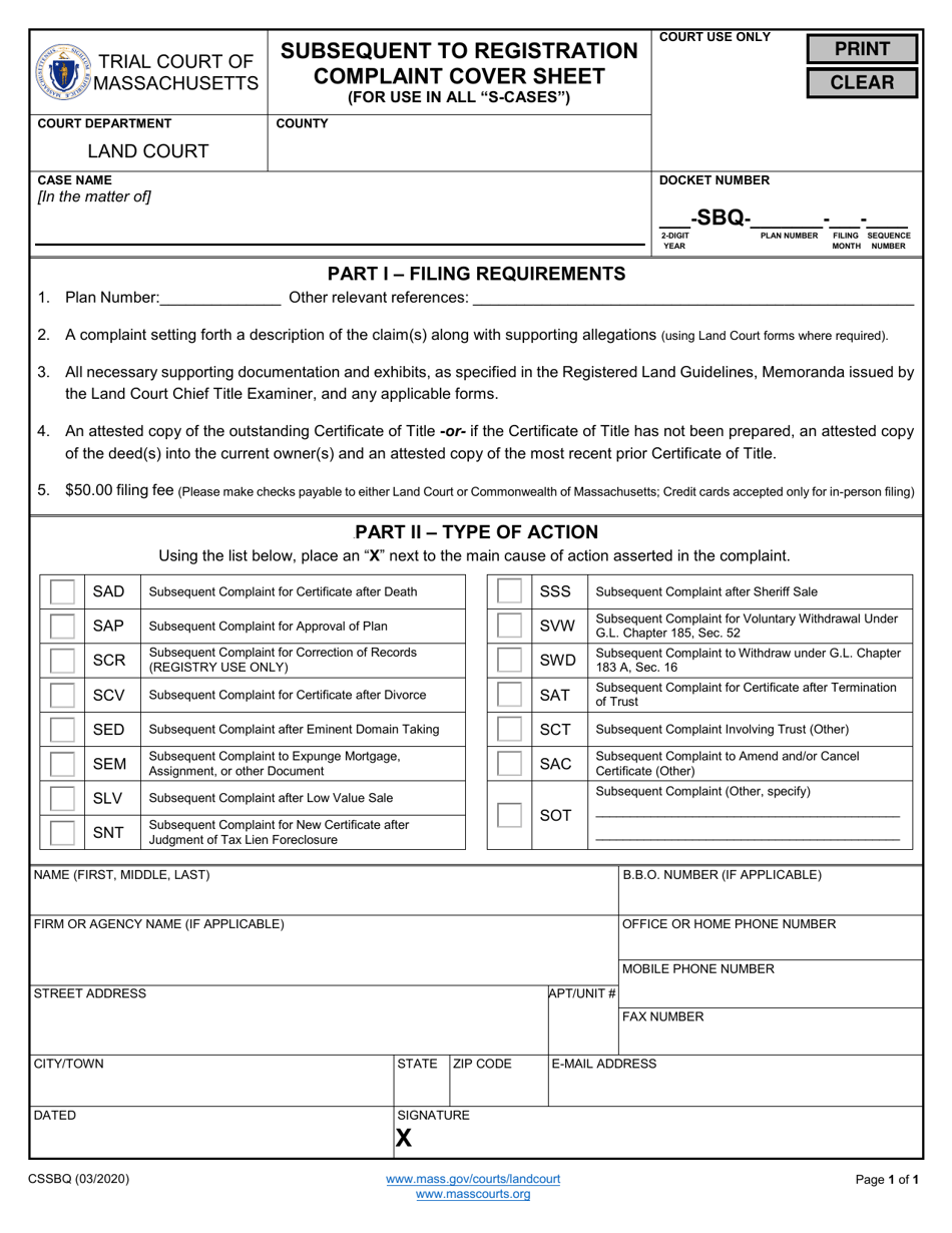 Form CSSBQ Subsequent to Registration Complaint Cover Sheet (For Use in All s-Cases) - Massachusetts, Page 1