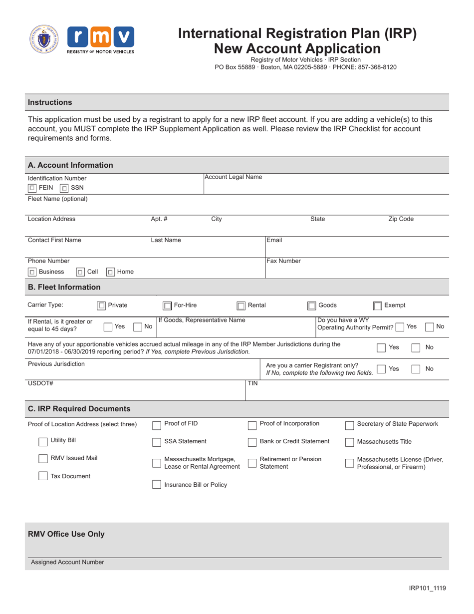 Form IRP101 International Registration Plan (Irp) New Account Application - Massachusetts, Page 1