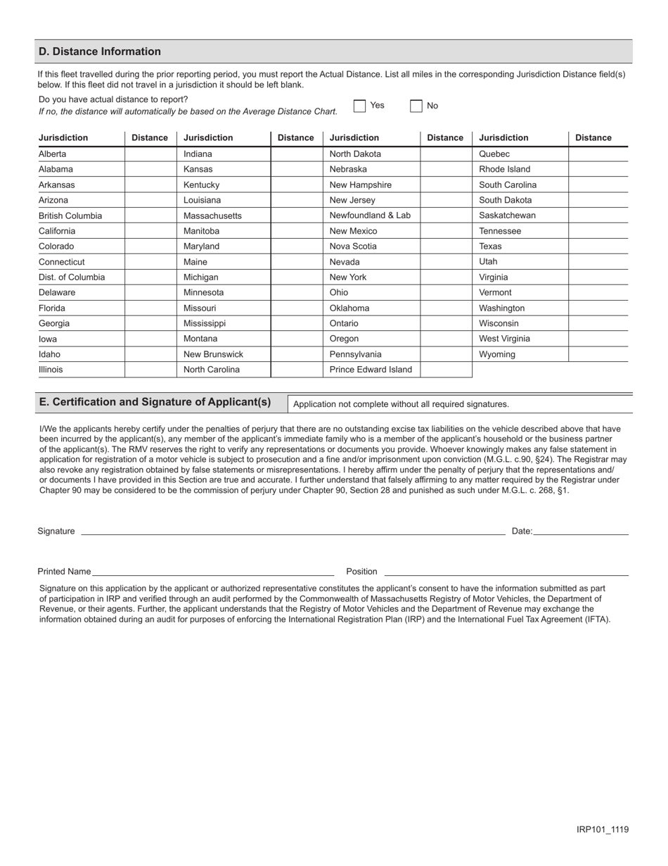 Form IRP101 International Registration Plan (Irp) New Account Application - Massachusetts, Page 2