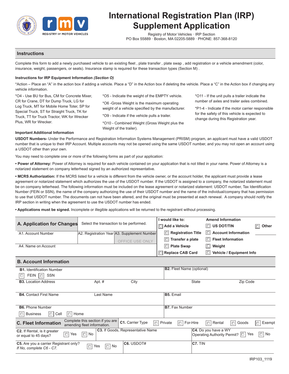 Form IRP103 International Registration Plan (Irp) Supplement Application - Massachusetts, Page 1