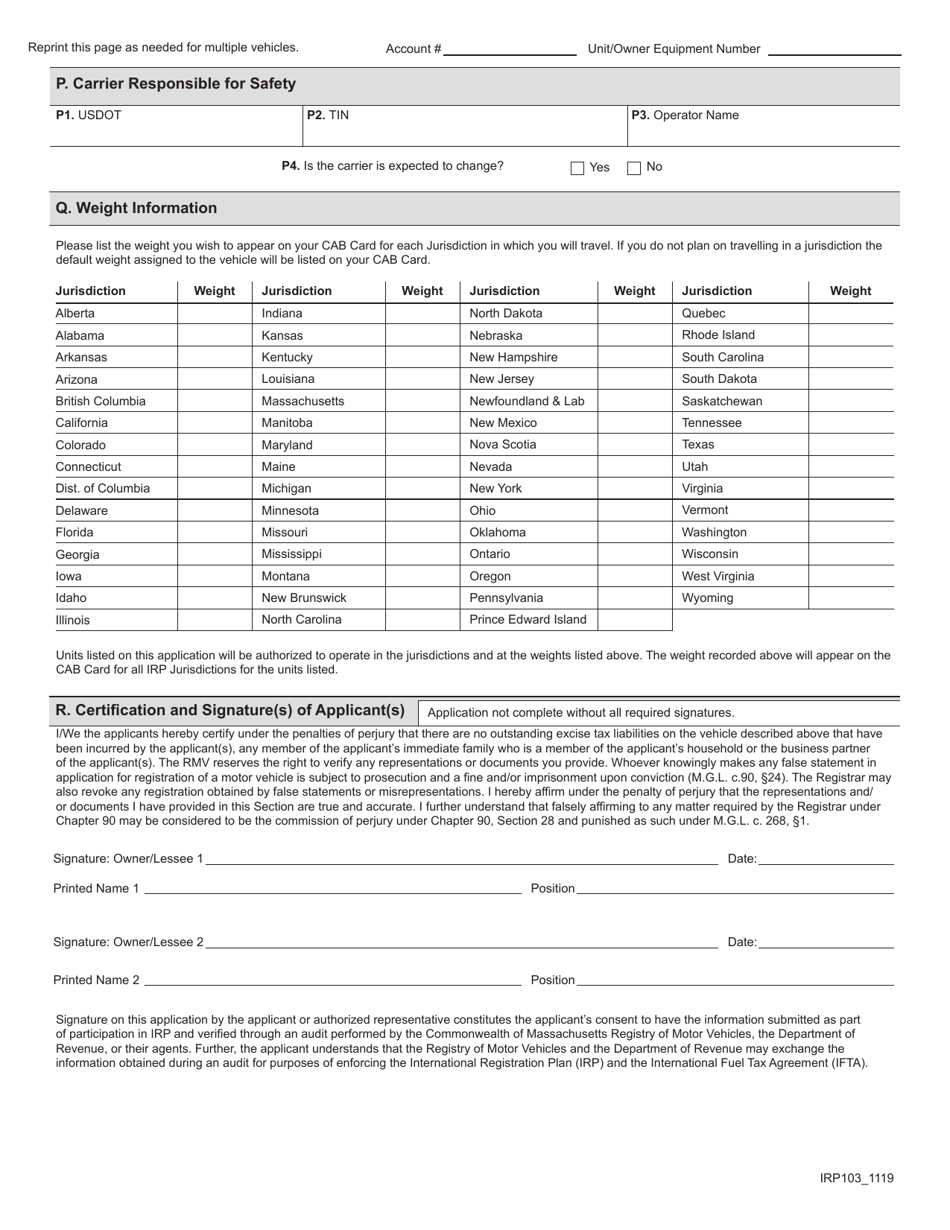 Form IRP103 International Registration Plan (Irp) Supplement Application - Massachusetts, Page 5