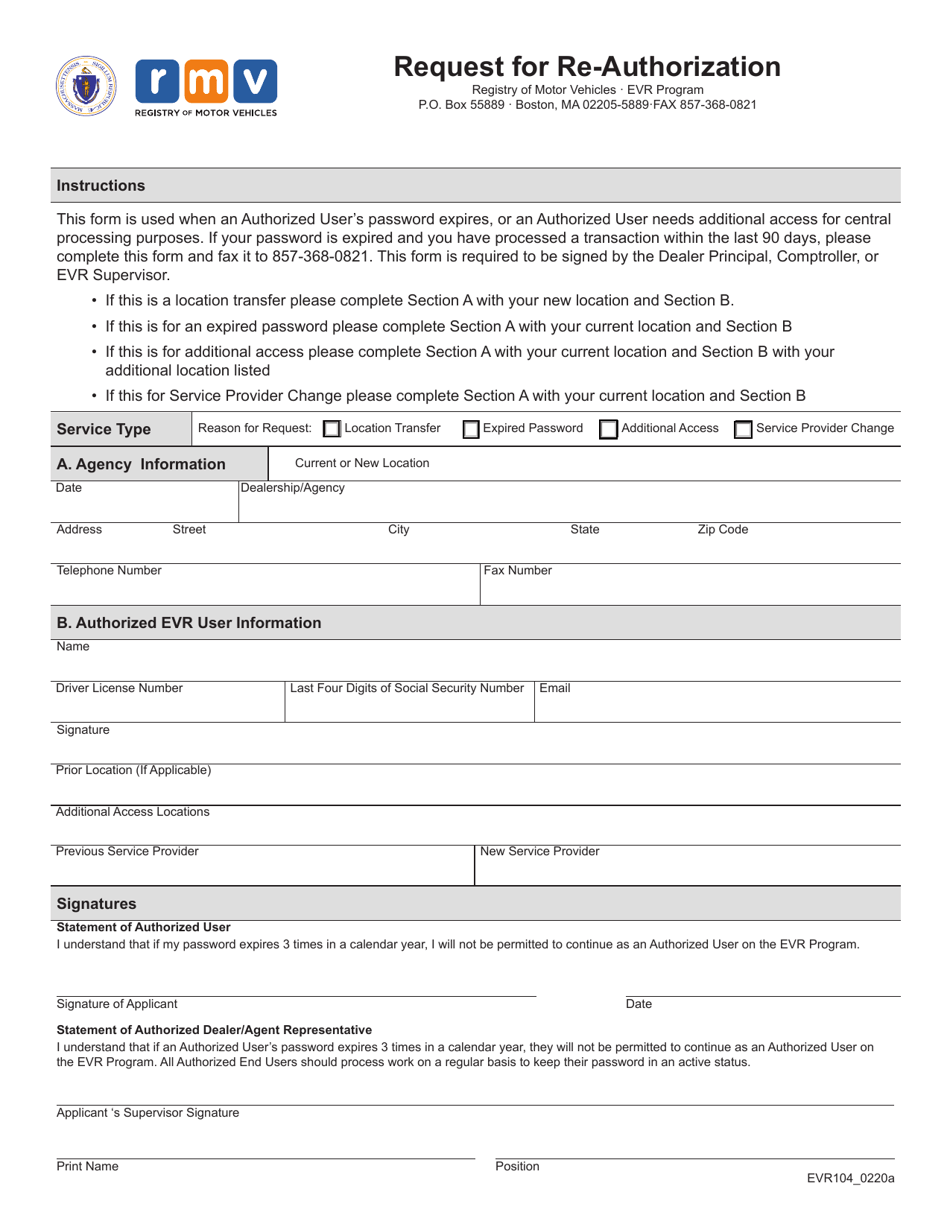 Form EVR104 Request for Re-authorization - Massachusetts, Page 1