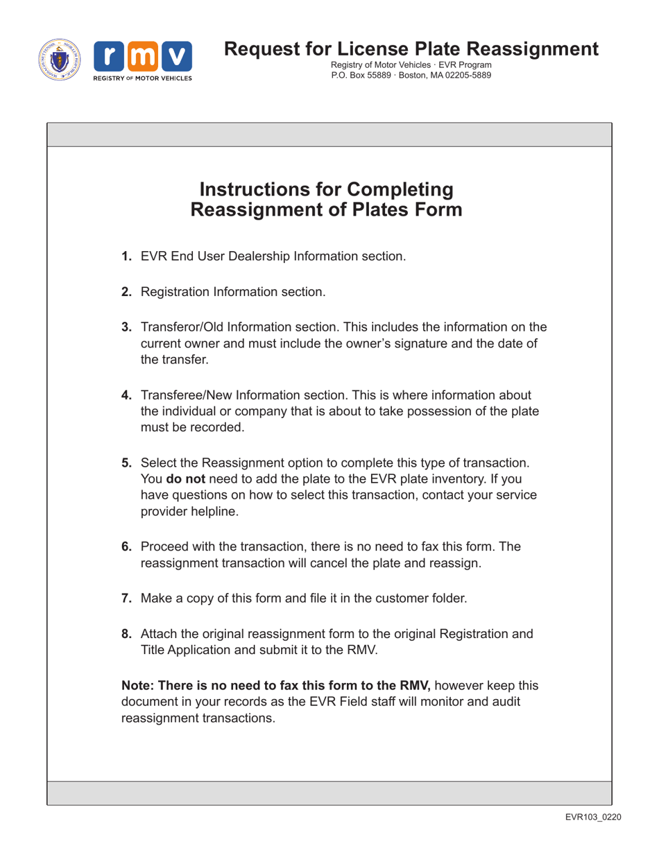 Form EVR103 Request for License Plate Reassignment - Massachusetts, Page 2