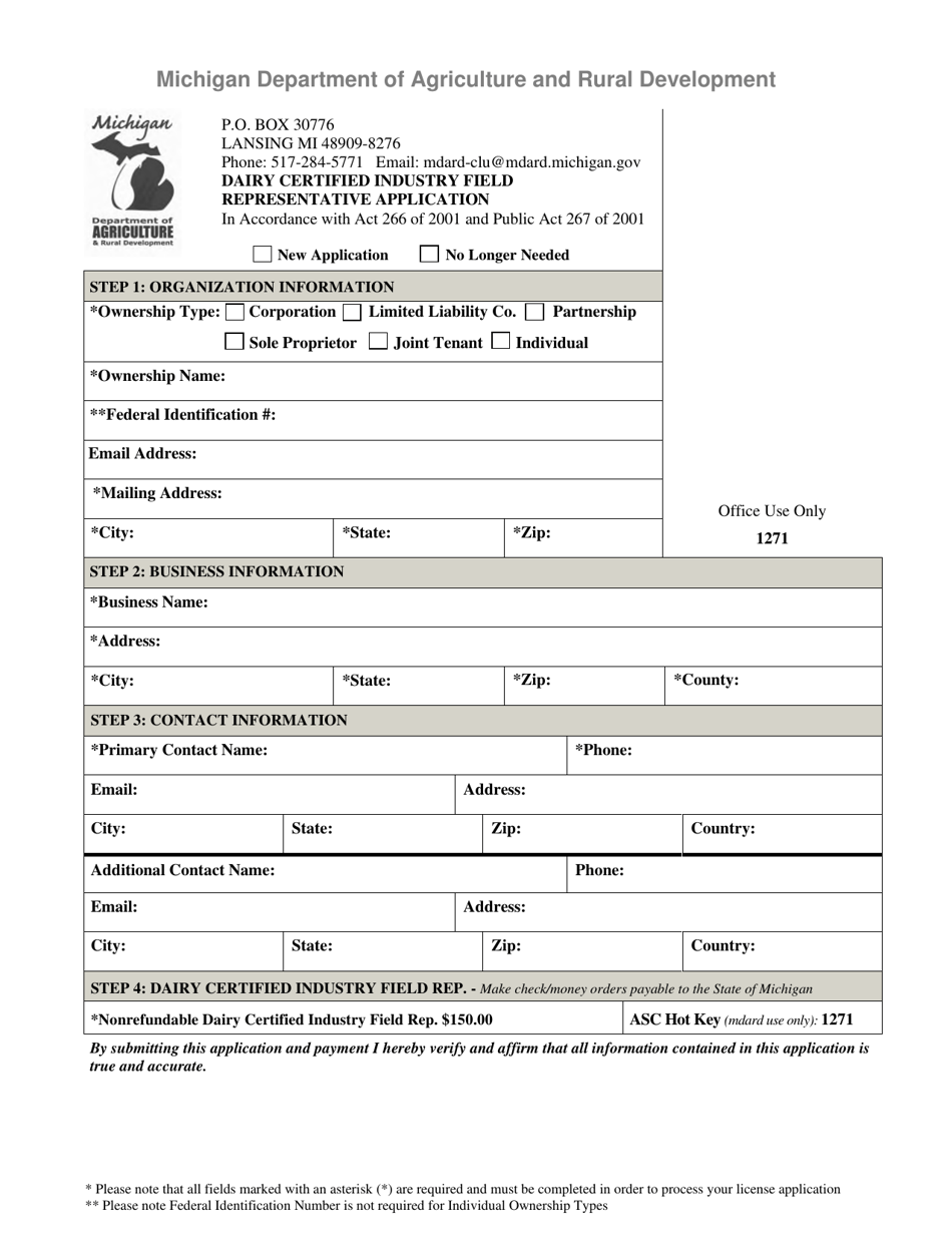 Michigan Dairy Certified Industry Field Representative Application