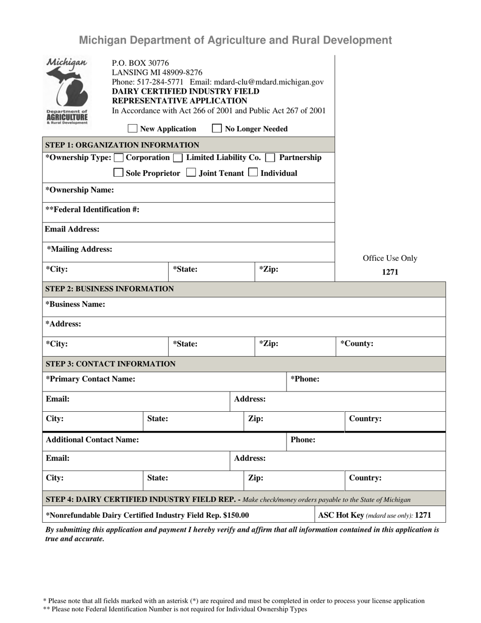 Dairy Certified Industry Field Representative Application - Michigan, Page 1