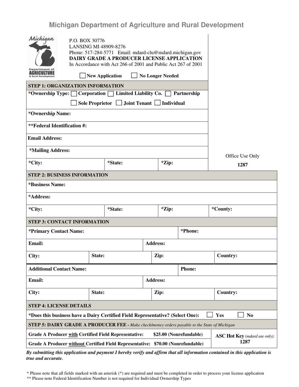 Dairy Grade a Producer License Application - Michigan, Page 1