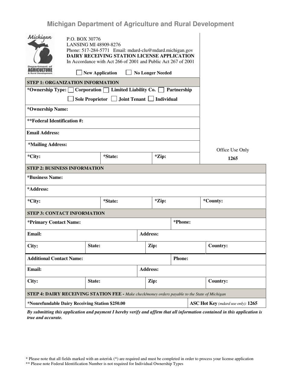 Dairy Receiving Station License Application - Michigan, Page 1
