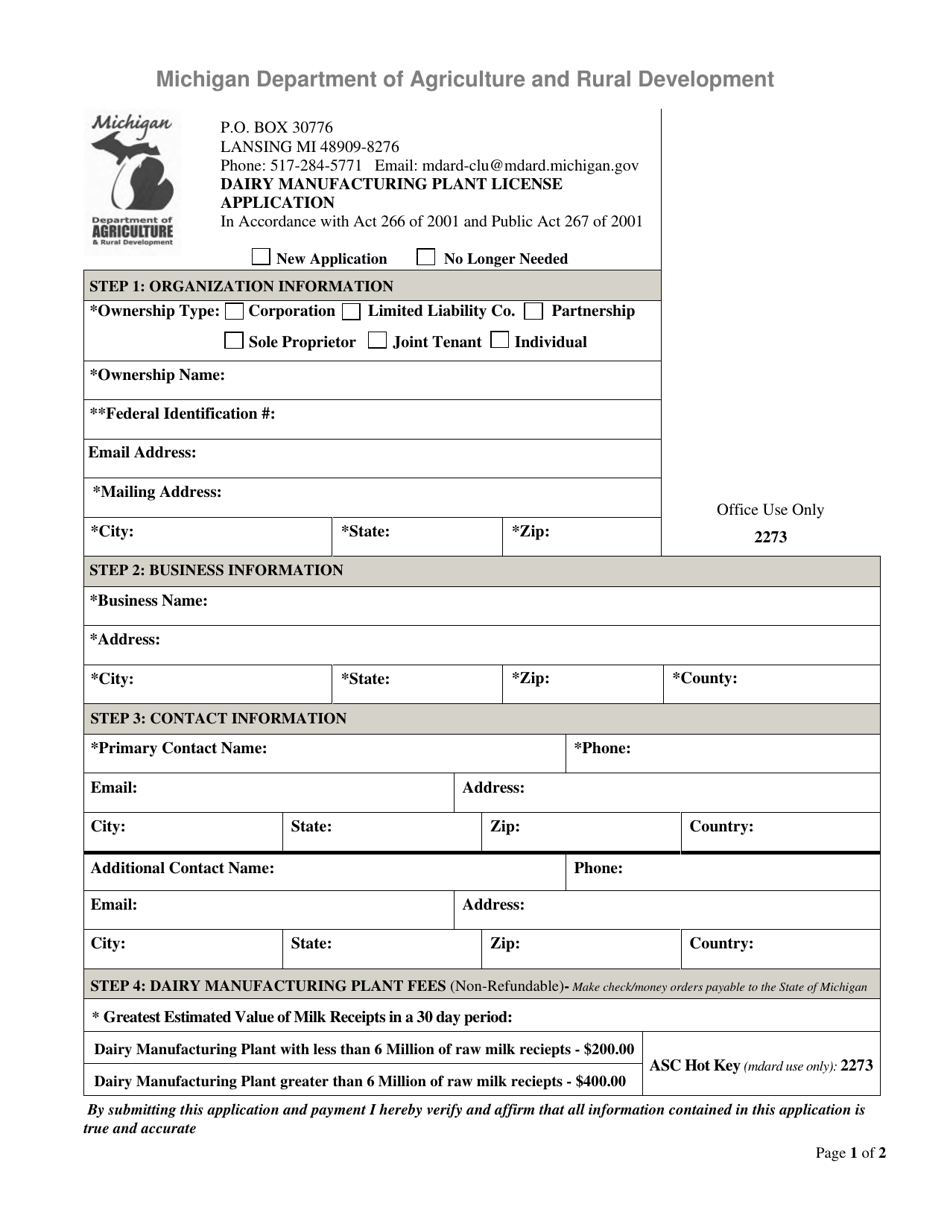 Dairy Manufacturing Plant License Application - Michigan, Page 1