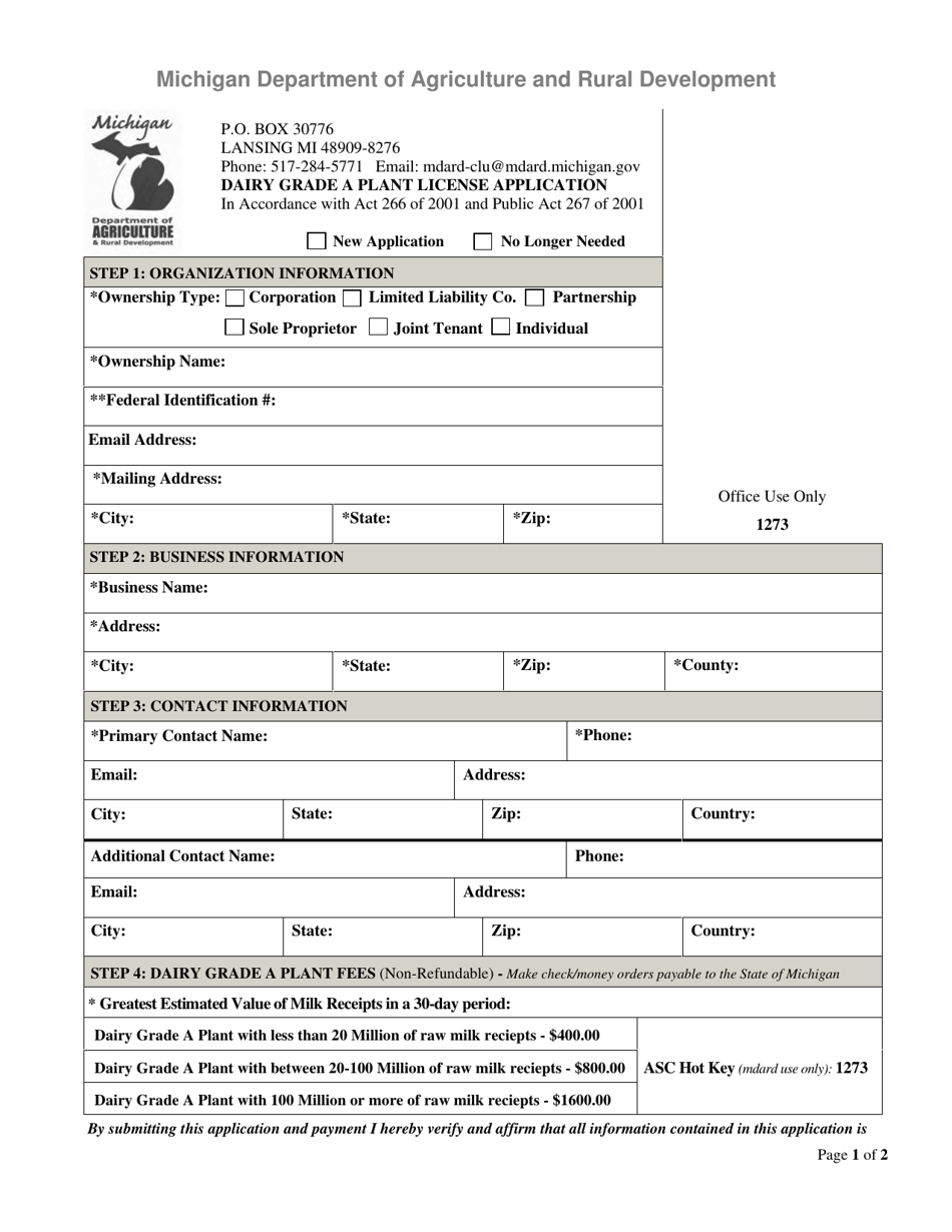 Dairy Grade a Plant License Application - Michigan, Page 1