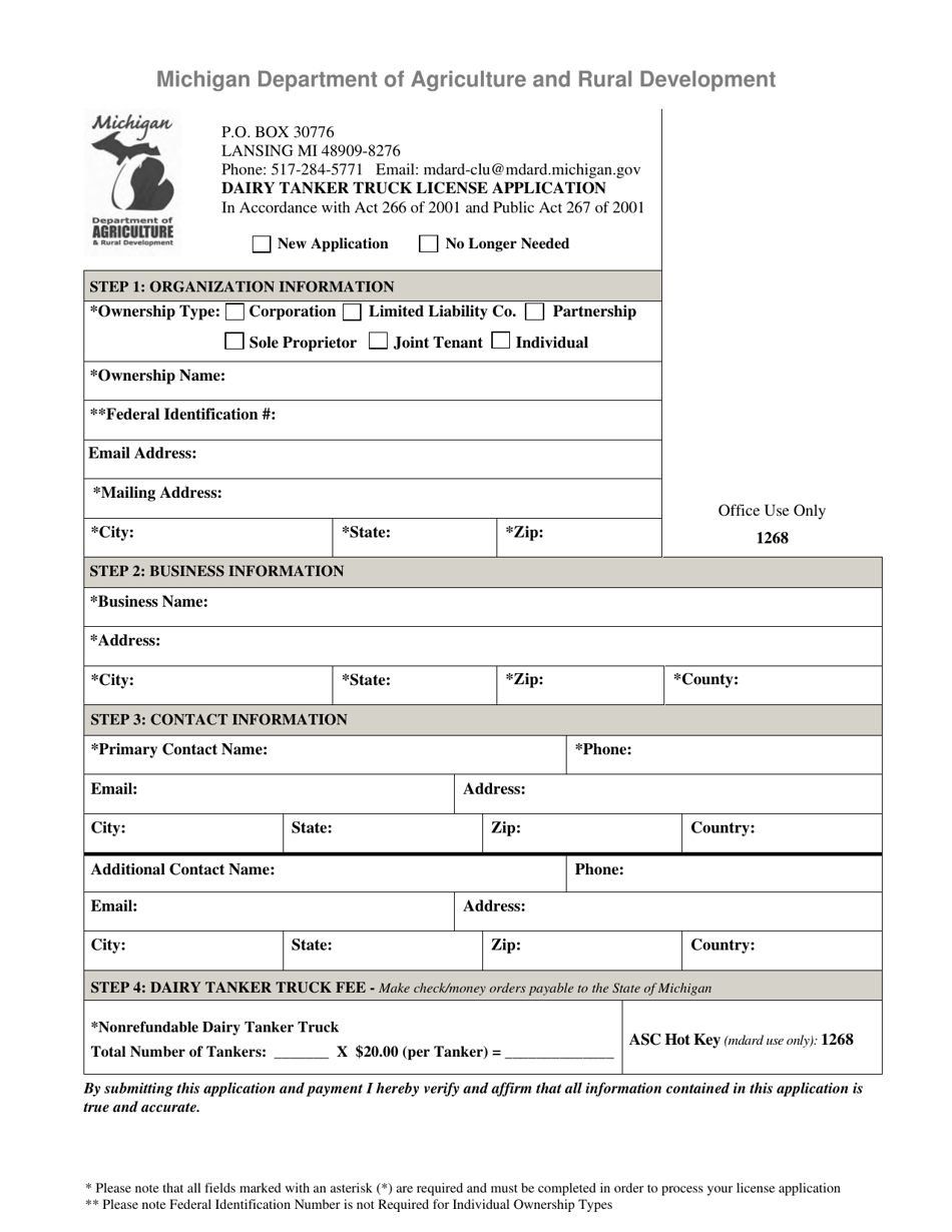Dairy Tanker Truck License Application - Michigan, Page 1