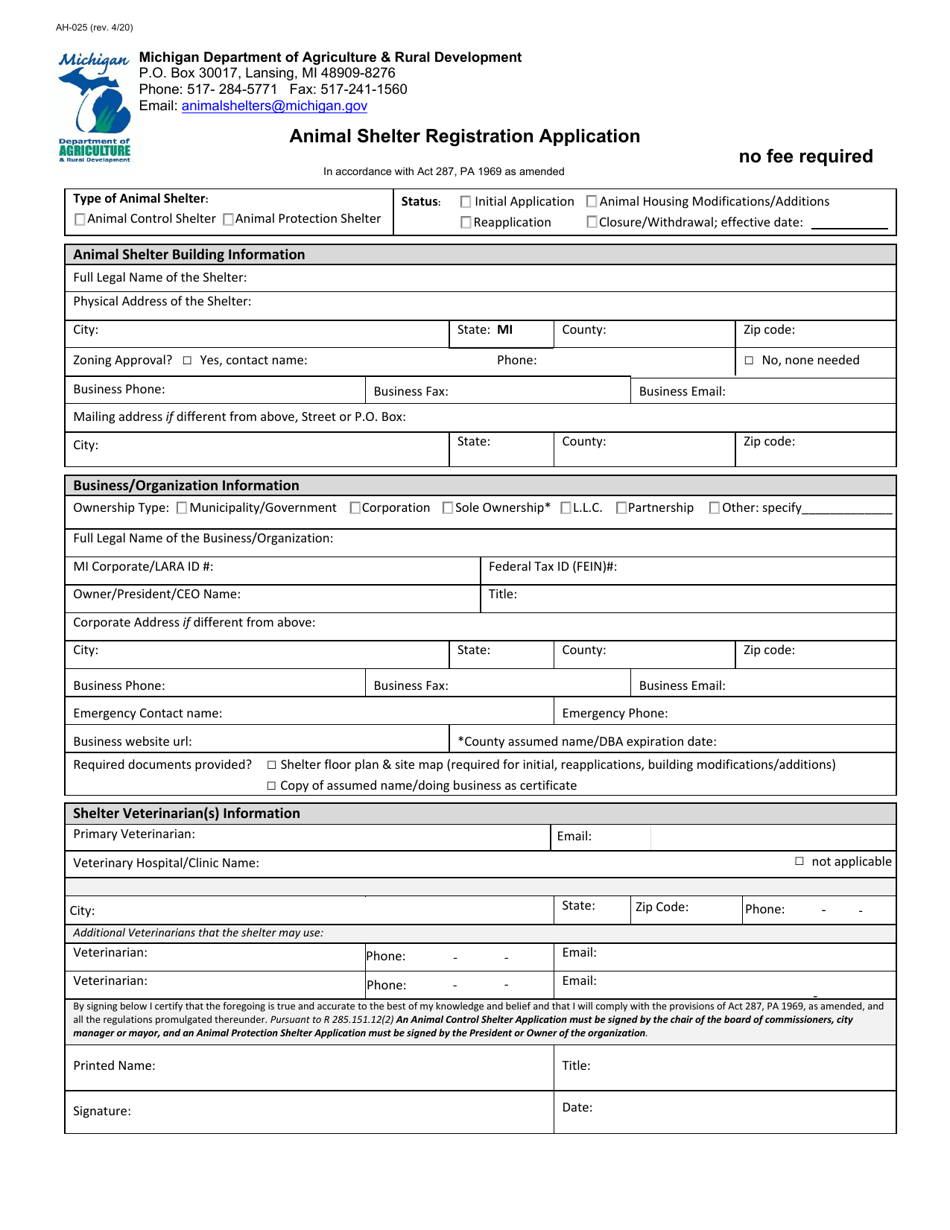 Form AH-025 Animal Shelter Registration Application - Michigan, Page 1