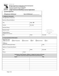 Form AH-078 &quot;Large Carnivore Breeding License Application&quot; - Michigan