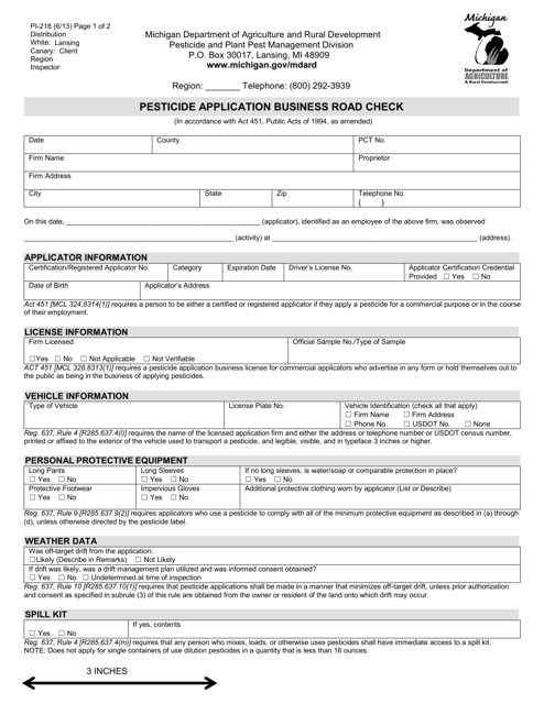 Form PI-218 Pesticide Application Business Road Check - Michigan