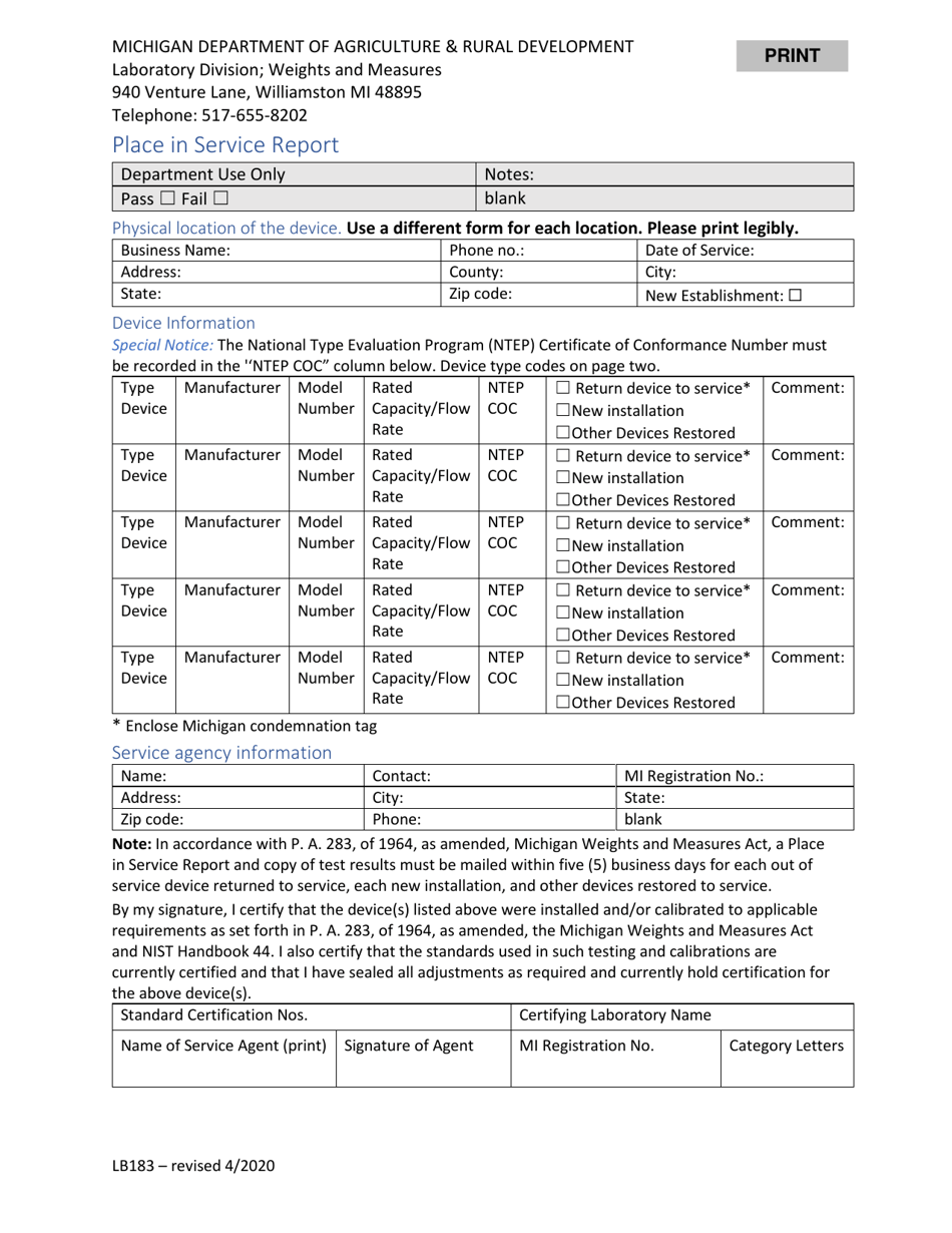 Form LB183 Place in Service Report - Michigan, Page 1