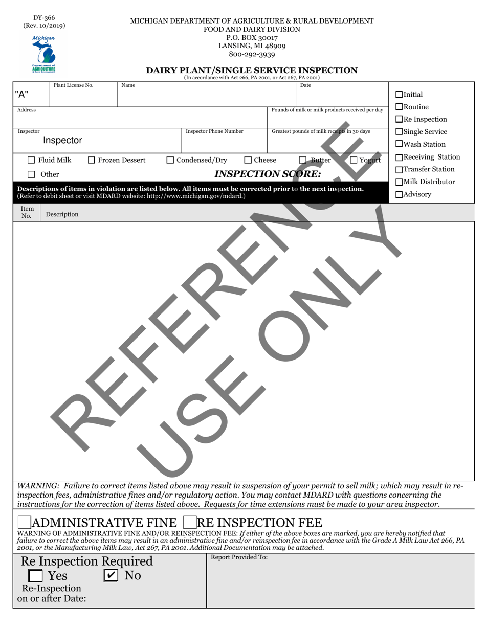 Form DY-366 Dairy Plant / Single Service Inspection - Michigan, Page 1